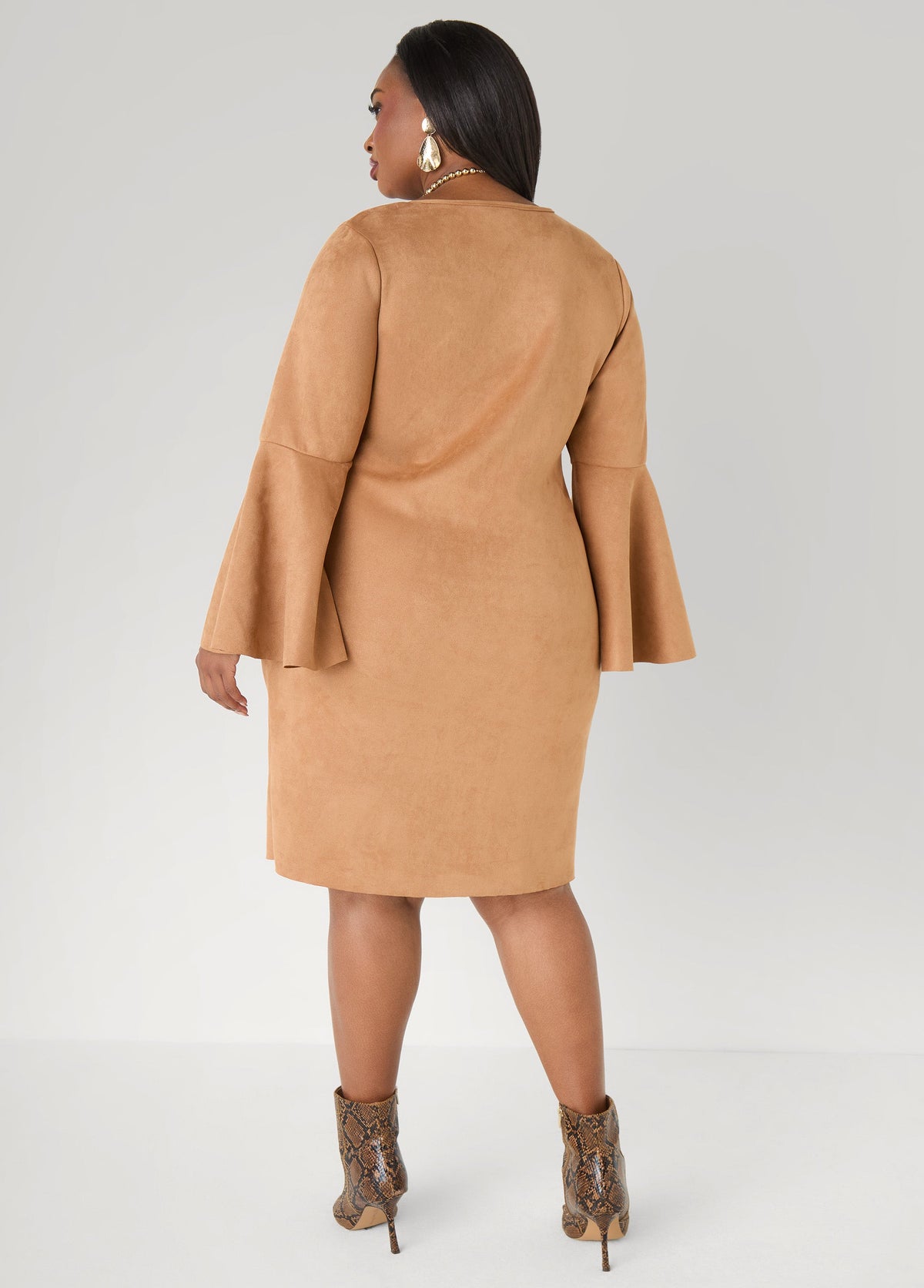 Bell Sleeved Faux Suede Dress Camel Taupe | Ashley Stewart