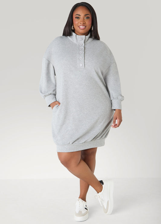 Button Front Sweatshirt Dress Heather Grey | Ashley Stewart