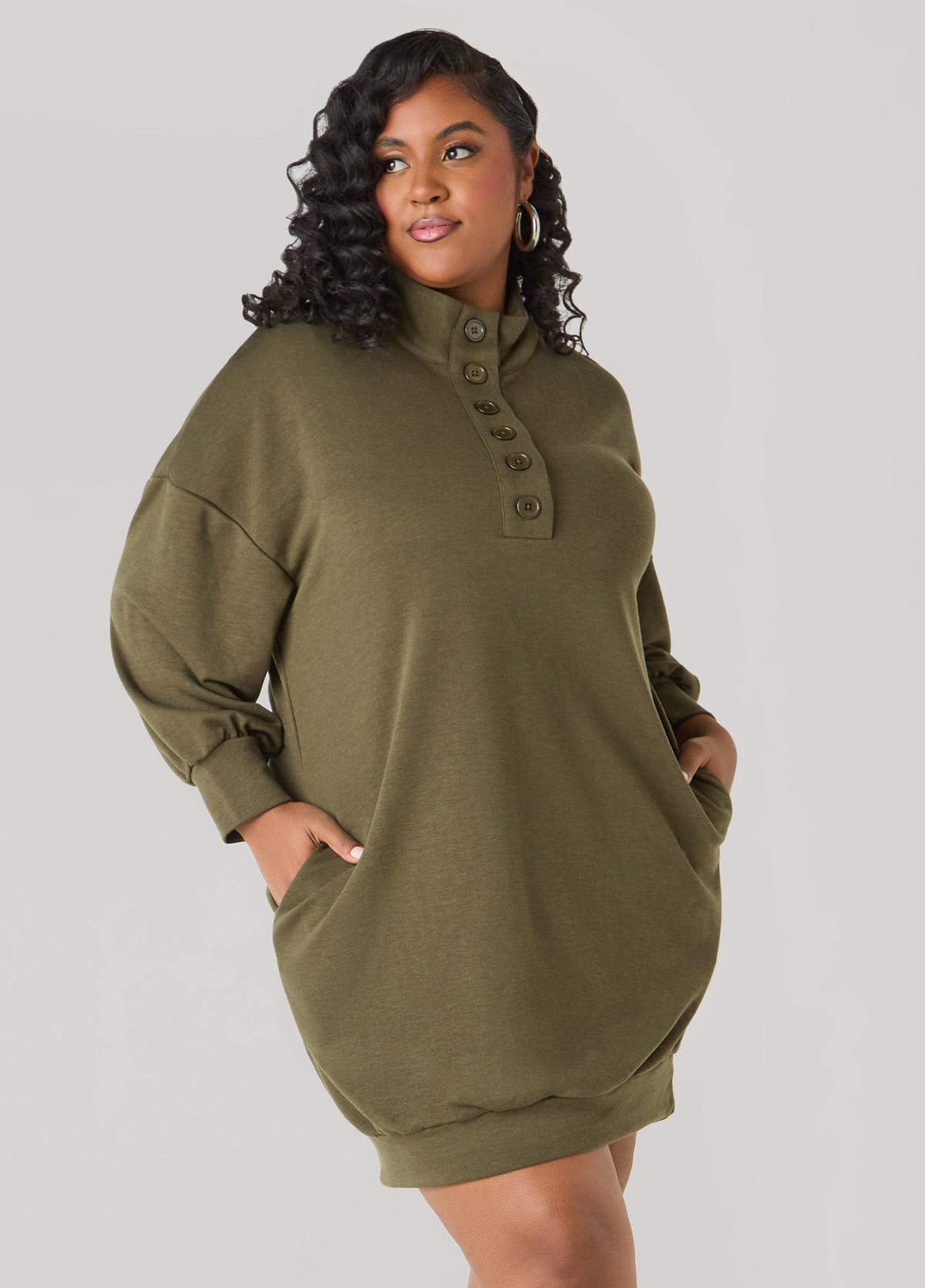 Button Front Sweatshirt Dress Heather Grey | Ashley Stewart