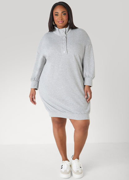Button Front Sweatshirt Dress Heather Grey | Ashley Stewart