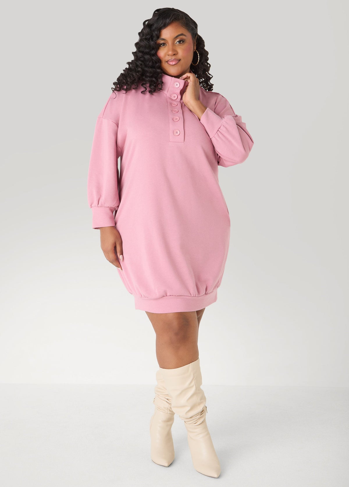 Button Front Sweatshirt Dress Heather Grey | Ashley Stewart