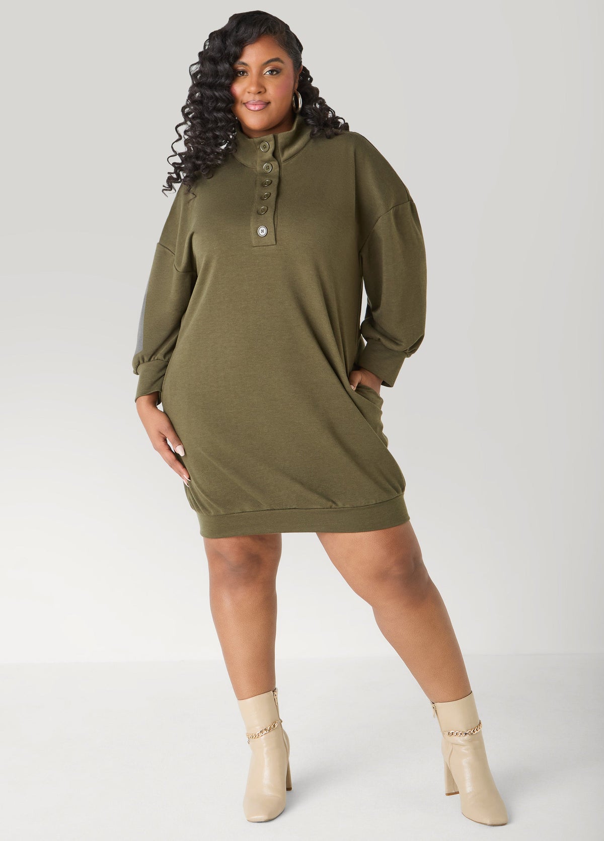 Button Front Sweatshirt Dress Heather Grey | Ashley Stewart