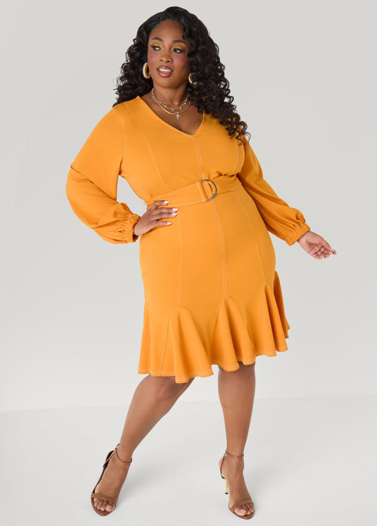 Flounced Seam Detailed Dress Desert Sun | Ashley Stewart