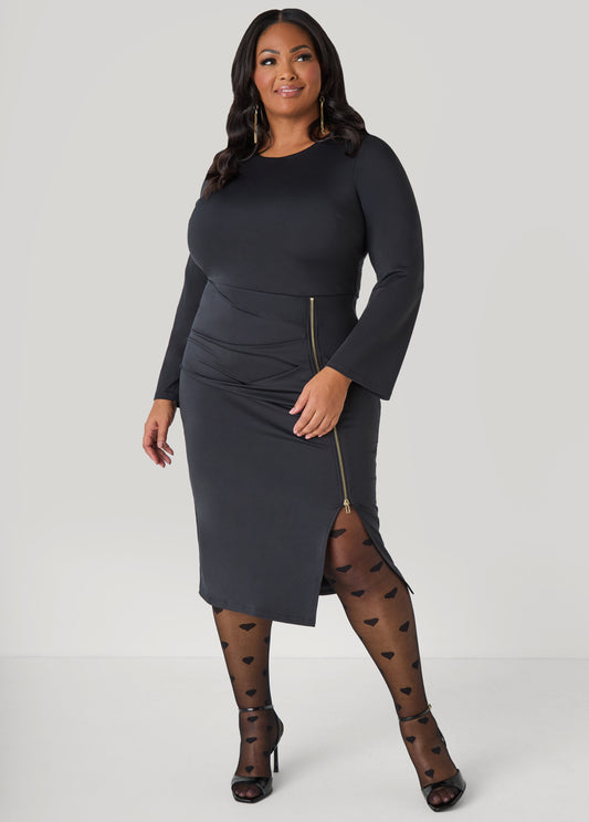 Zip Detailed Bodycon Midi Dress Black | Ashley Stewart