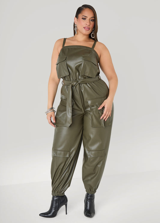 Faux Leather Joggers Jumpsuit Olive Night | Ashley Stewart