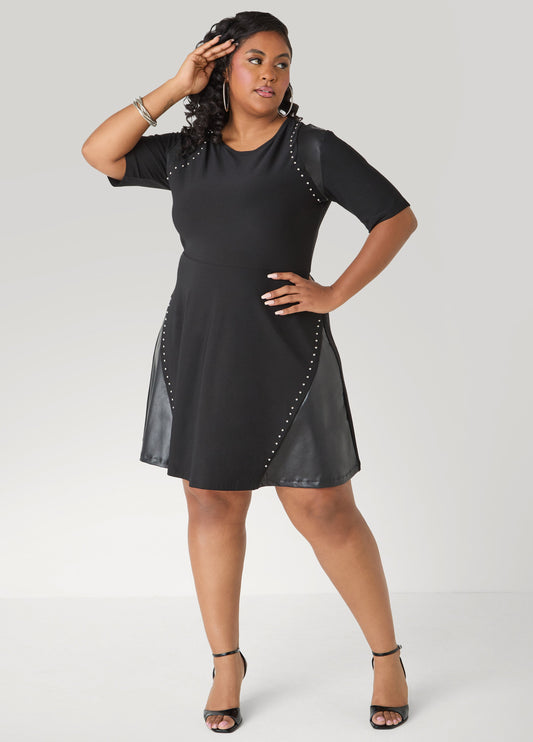 Studded Faux Leather Paneled Dress Black | Ashley Stewart